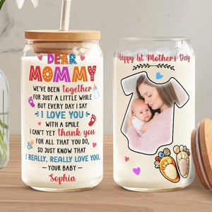 Custom Photo I Love You With A Smile - Family Personalized Custom Glass Cup, Iced Coffee Cup - Mother's Day, Baby Shower Gift, Gift For First Mom