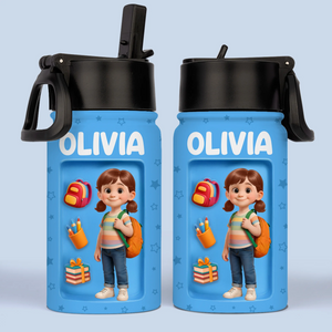 Custom 3D Inflated Effect Printed Kids Water Bottle - Personalized Back To School Gifts For Kids - Backpack Adventures Start With A Sip