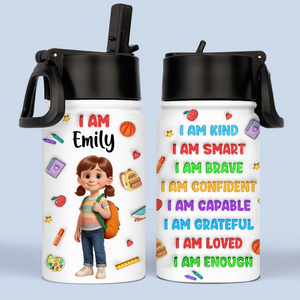 Custom 3D Inflated Effect Printed Kids Water Bottle - Personalized Back To School Gifts For Kids - I Am Brave Bold And Smart