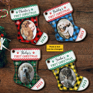 First Christmas - Christmas Is On Its Way - Upload Pet Photo - Personalized Custom Stocking Shaped Wood Christmas Ornament