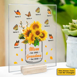 Sunflower Grandma Mom Loves Butterfly Kids - Gift For Mom, Grandma - Personalized Acrylic Plaque