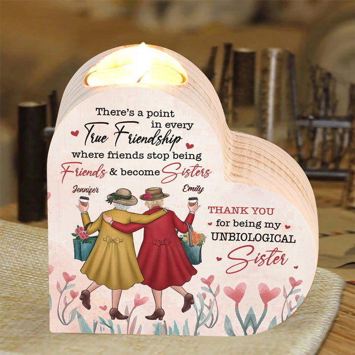 Friends Stop Being Friends & Become Sisters  - Bestie Personalized Custom Heart Shaped Candle Holder - Gift For Best Friends, BFF, Sisters