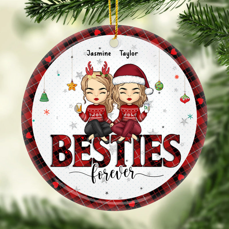 Besties By Heart - Bestie Personalized Custom Ornament - Ceramic Round Shaped - Christmas Gift For Best Friends, BFF, Sisters