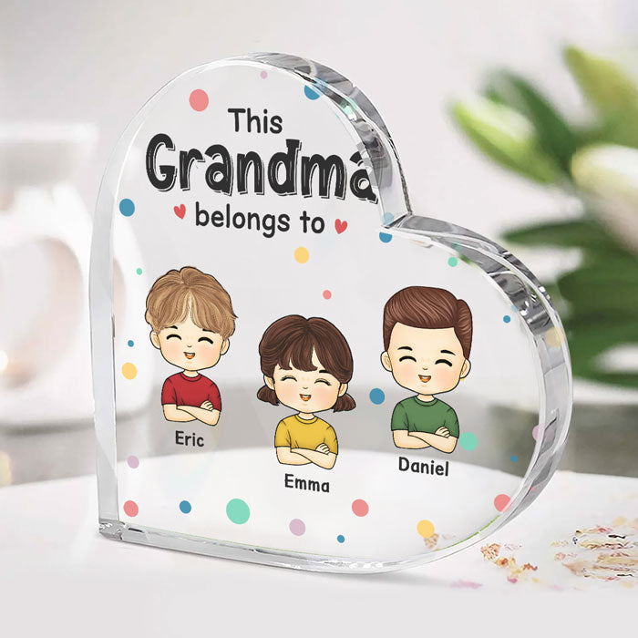 This Grandma Belongs To - Family Personalized Custom Heart Shaped Acrylic Plaque - Mother's Day, Birthday Gift For Grandma