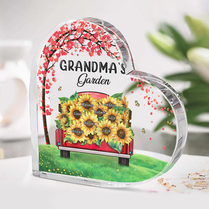 Grandma Sunflowers Garden - Family Personalized Custom Heart Shaped Acrylic Plaque - Mother's Day, Birthday Gift For Grandma