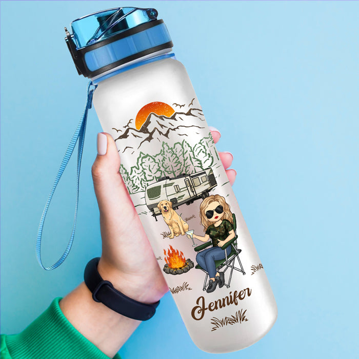 A Girl, Her Dogs & Her Camper - Camping Personalized Custom Water Tracker Bottle - Gift For Camping Lovers, Pet Owners, Pet Lovers