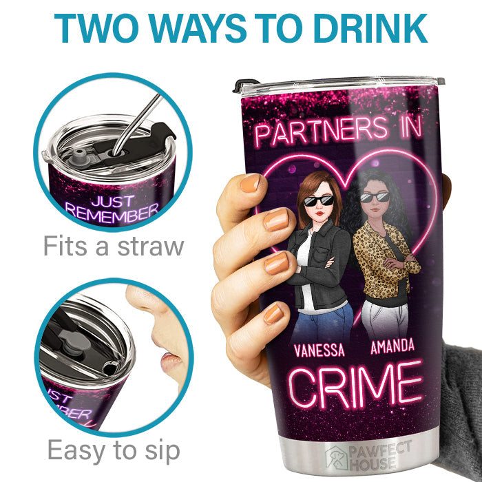 Bestie Neon Partners In Crime - Bestie Personalized Custom Tumbler - Gift For Best Friends, BFF, Sisters