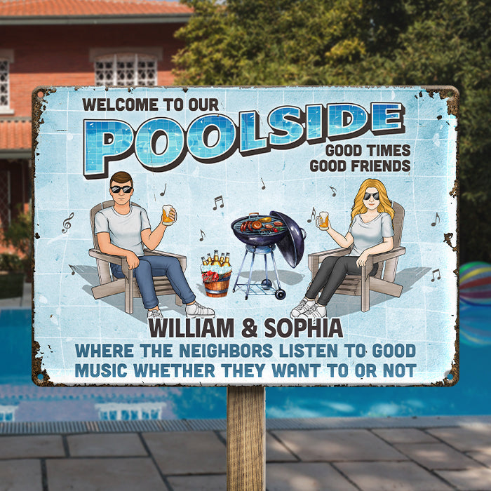 Welcome To The Our Poolside - Couple Personalized Custom Home Decor Metal Sign - House Warming Gift For Husband Wife, Anniversary