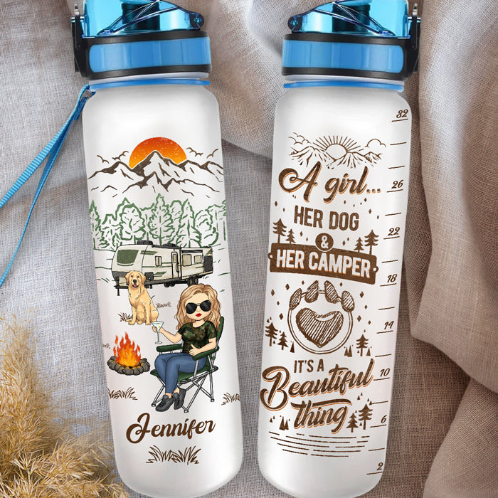 A Girl, Her Dogs & Her Camper - Camping Personalized Custom Water Tracker Bottle - Gift For Camping Lovers, Pet Owners, Pet Lovers