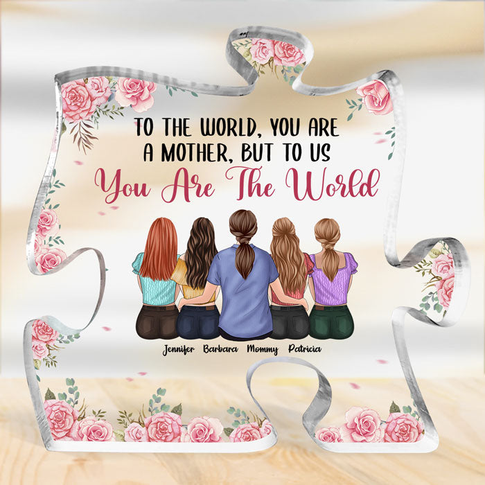 Mom, We Love You With All Our Hearts - Family Personalized Custom Puzzle Shaped Acrylic Plaque - Gift For Mother From Daughter