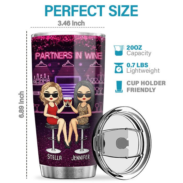 Partners In Wine, We’re Made Of Sarcasm, Wine & Everything Fine - Bestie Personalized Custom Tumbler - Gift For Best Friends, BFF, Sisters