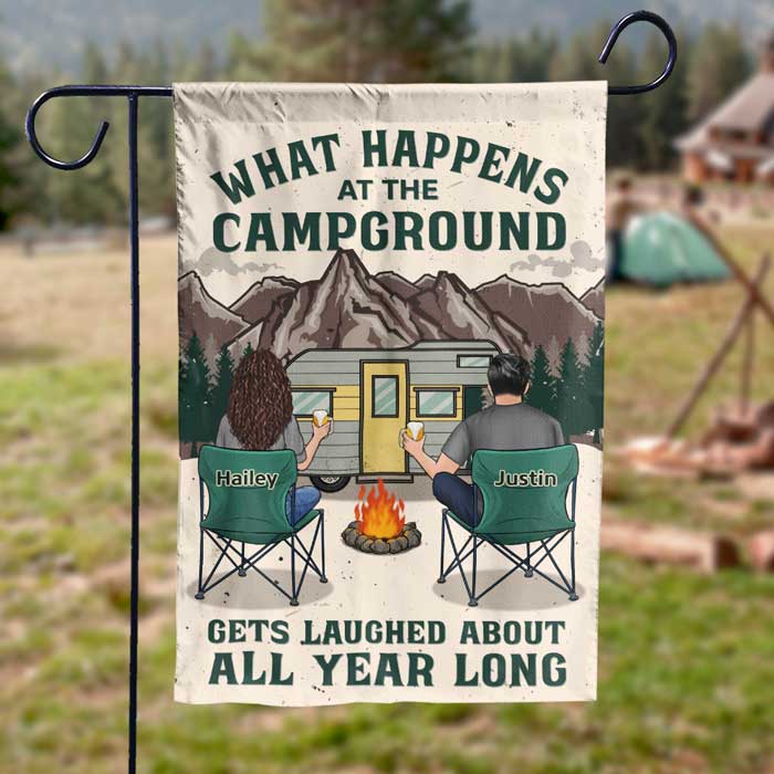 What Happens At The Campground, Gets Laughed About All Year Long - Gift For Camping Couples, Personalized Flag