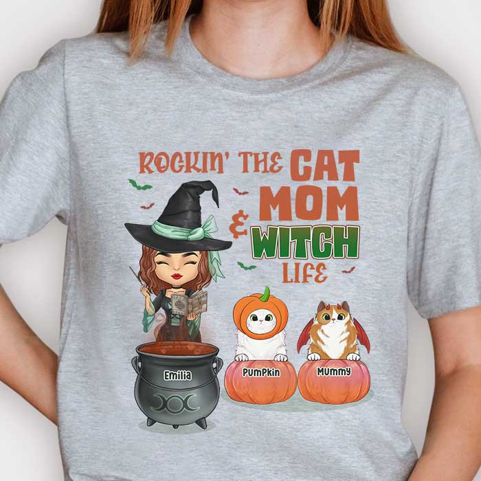 Rockin' The Cat Mom And Witch Life - Personalized Unisex T-Shirt, Hoodie, Sweatshirt - Gift For Witches, Gift For Pet Lovers, Halloween Gift