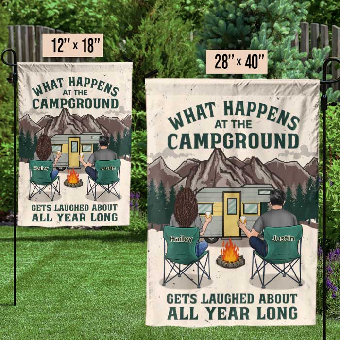 What Happens At The Campground, Gets Laughed About All Year Long - Gift For Camping Couples, Personalized Flag