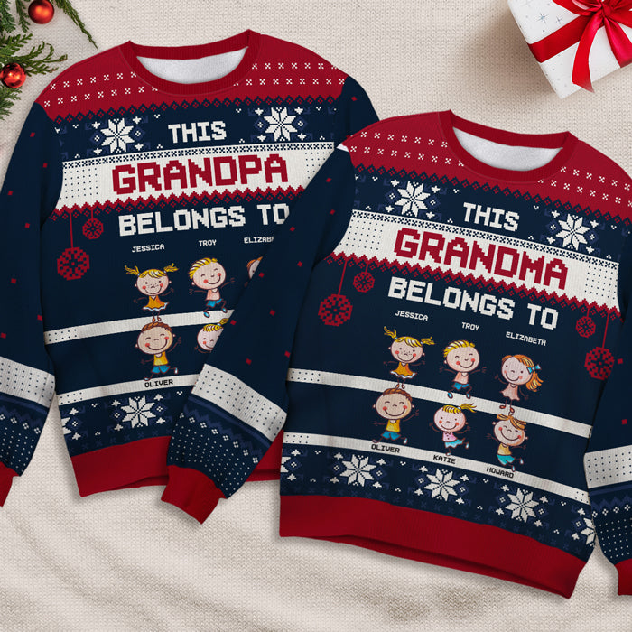 This Grandma Belongs To These Awesome Kids - Family Personalized Custom Ugly Sweatshirt - Unisex Wool Jumper - Christmas Gift For Grandma, Grandparents
