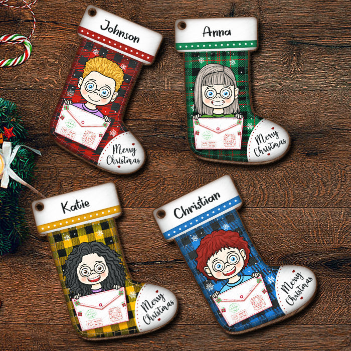 Happy Christmas With Kids - Personalized Custom Stocking Shaped Wood Christmas Ornament