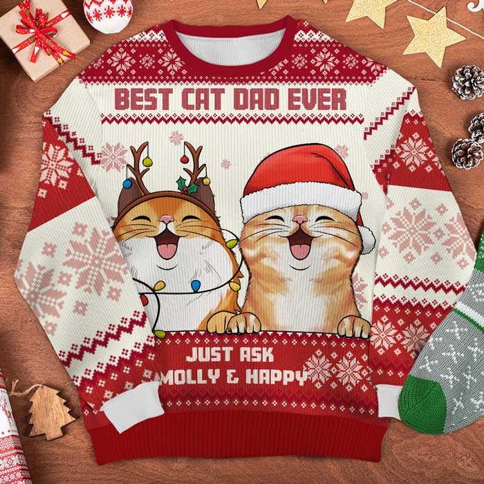 Best Cat Dad Ever - Personalized Custom Unisex Ugly Christmas Sweatshirt, Wool Sweatshirt, All-Over-Print Sweatshirt - Gift For Cat Lovers, Pet Lovers, Christmas Gift