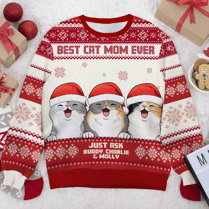 Best Cat Dad Ever - Personalized Custom Unisex Ugly Christmas Sweatshirt, Wool Sweatshirt, All-Over-Print Sweatshirt - Gift For Cat Lovers, Pet Lovers, Christmas Gift