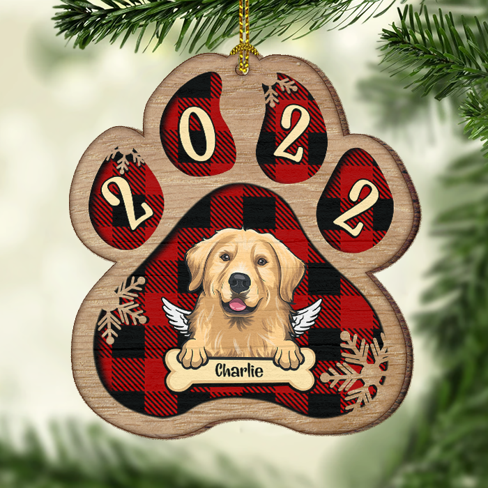 Personalized Custom Paw Shaped Wood Christmas Ornament - Dog, Cat And Snow - Plaid Buffalo Pattern - Customized Decoration And Year Gift For Pet Lovers