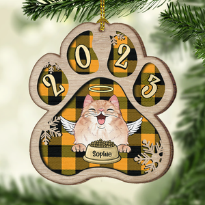 Personalized Custom Paw Shaped Wood Christmas Ornament - Dog, Cat And Snow - Plaid Buffalo Pattern - Customized Decoration Upload Image, Gift For Pet Lovers