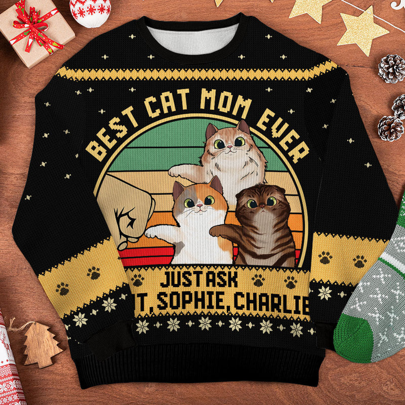 Best Cat Dad Ever, Just Ask Your Cats - Personalized Custom Unisex Ugly Christmas Sweatshirt, Wool Sweatshirt, All-Over-Print Sweatshirt - Gift For Cat Lovers, Pet Lovers, Christmas Gift