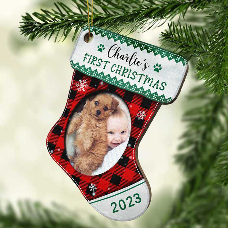 First Christmas - Christmas Is On Its Way - Upload Pet Photo - Personalized Custom Stocking Shaped Wood Christmas Ornament