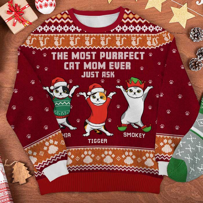 The Most Purrfect Cat Mom Ever - Personalized Custom Unisex Ugly Christmas Sweatshirt, Wool Sweatshirt, All-Over-Print Sweatshirt - Gift For Cat Lovers, Pet Lovers, Christmas Gift