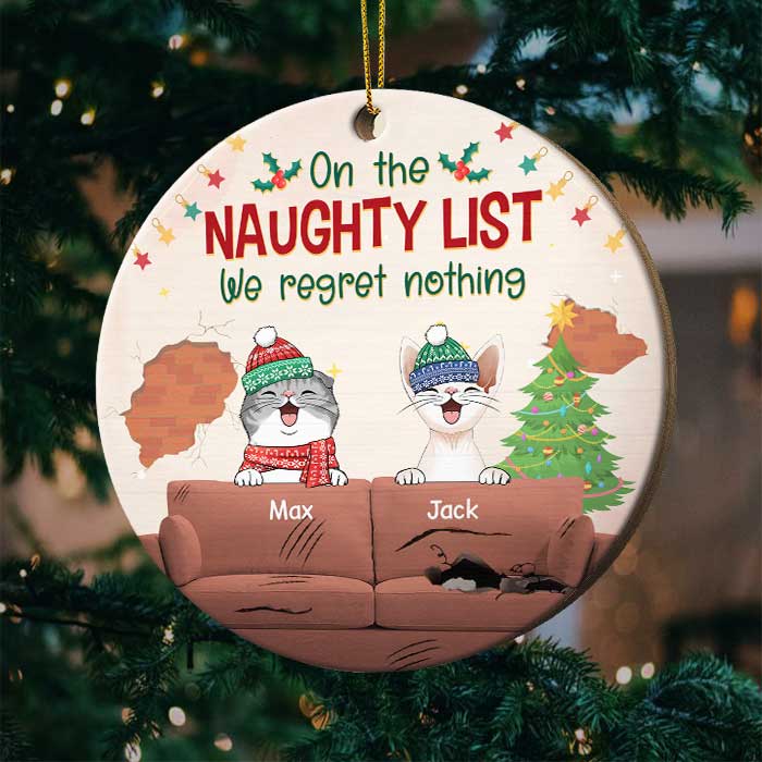 On The Naughty List - We Regret Nothing - Personalized Custom Round Shaped Wood Christmas Ornament