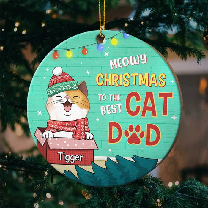 Meowy Woofmas To The Best Mom And Dad - Personalized Custom Round Shaped Wood Christmas Ornament