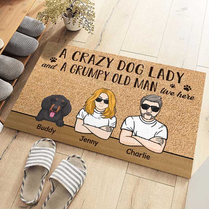 A Crazy Dog Lady And A Grumpy Old Man Live Here - Personalized Decorative Mat