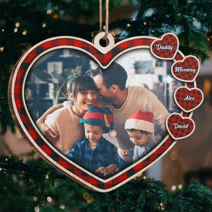 The Love Of Our Family - Personalized Custom Heart Shaped Wood Photo Christmas Ornament - Upload Image, Gift For Family, Christmas Gift