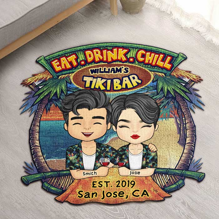 Tiki Bar Eat Drink Chill - Personalized Shaped Decorative Mat - Gift For Couples, Husband Wife