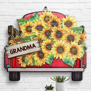 Grandma With Kids Sunflower - Gift For Mom, Grandma - Personalized Shaped Wood Sign.