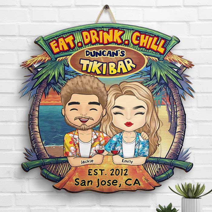 Eat Drink Chill - Personalized Shaped Wood Sign - Gift For Couples, Husband Wife