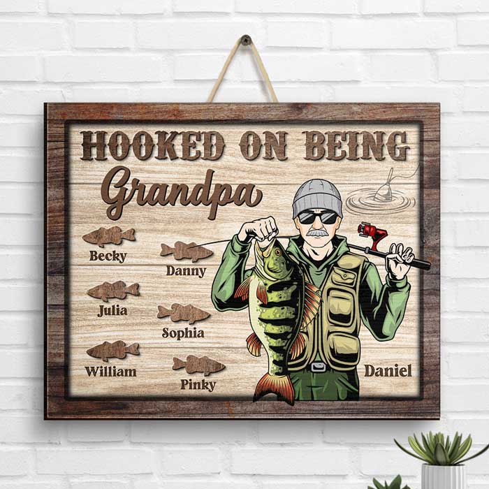 Hooked On Being Grandpa - Personalized Shaped Wood Sign - Gift For Grandpa, Grandparents
