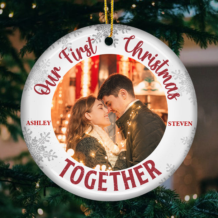 Our First Christmas Together - Personalized Custom Round Shaped Ceramic Photo Christmas Ornament - Upload Image, Gift For Couple, Husband Wife, Anniversary, Engagement, Wedding, Marriage Gift, Christmas Gift