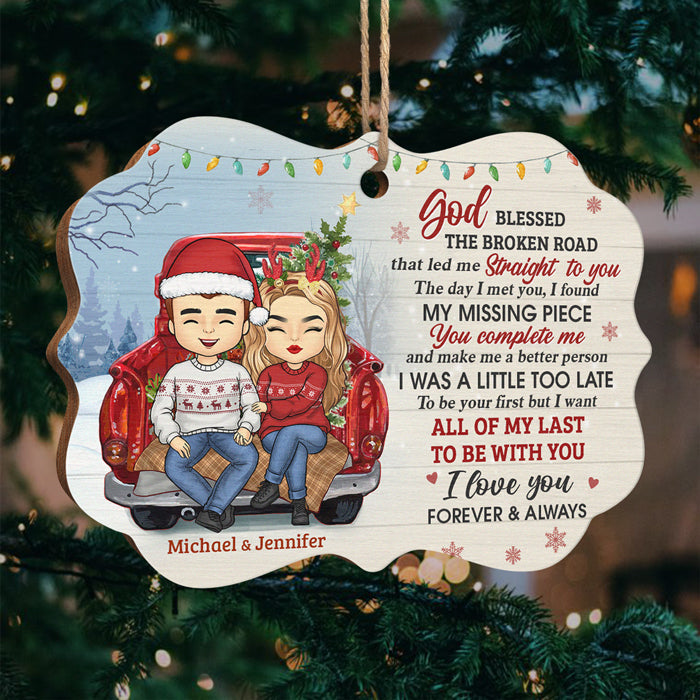 God Blessed The Broken Road - Personalized Custom Benelux Shaped Wood Christmas Ornament - Gift For Couple, Husband Wife, Anniversary, Engagement, Wedding, Marriage Gift, Christmas Gift