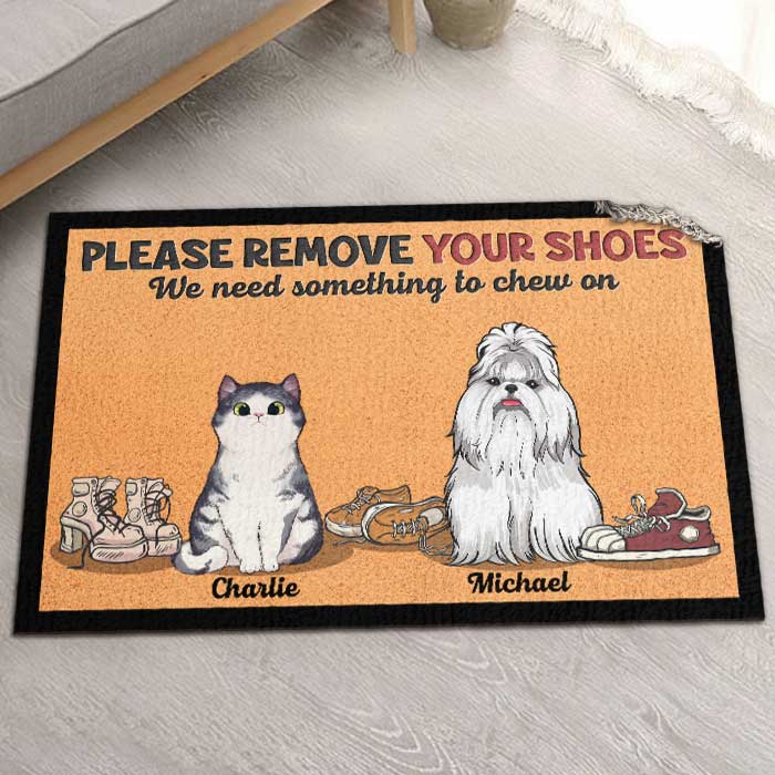 Please Remove Your Shoes, We Need Something To Chew On - Personalized Shaped Decorative Mat - Gift For Pet Lovers, Pet Owners, Pet Gift