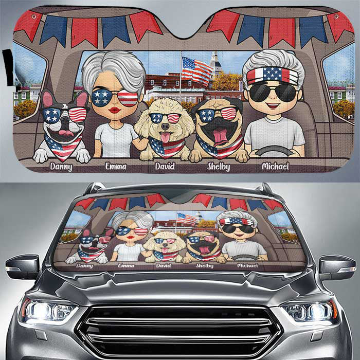 Couple & Dogs 4th July - Personalized Auto Sunshade - Gift For Couples, Husband Wife