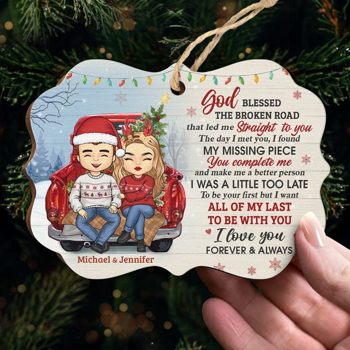 God Blessed The Broken Road - Personalized Custom Benelux Shaped Wood Christmas Ornament - Gift For Couple, Husband Wife, Anniversary, Engagement, Wedding, Marriage Gift, Christmas Gift