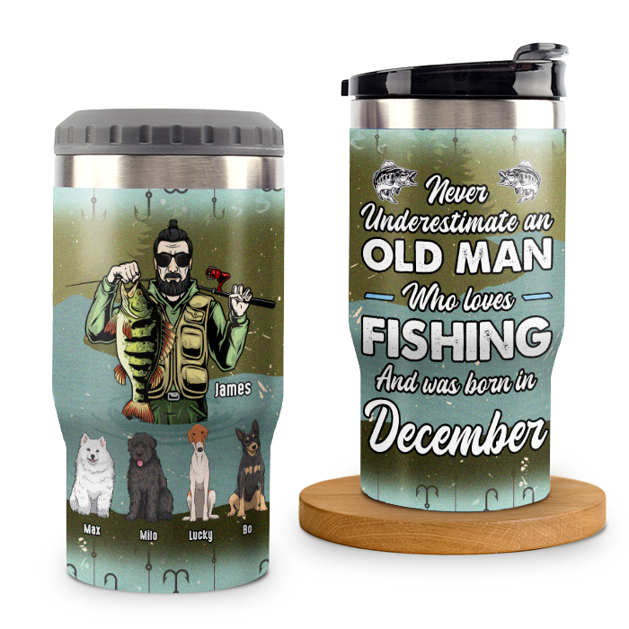An Old Man Who Loves Fishing - Personalized Can Cooler - Gift For Fishing Dad, Gift For Pet Lovers