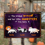 Halloween For Cats - The Wicked Witch And Her Little Monsters Live Here - Personalized Metal Sign, Halloween Ideas