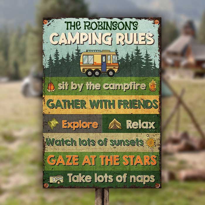 Camping Rules - Sit By The Campfire - Personalized Metal Sign