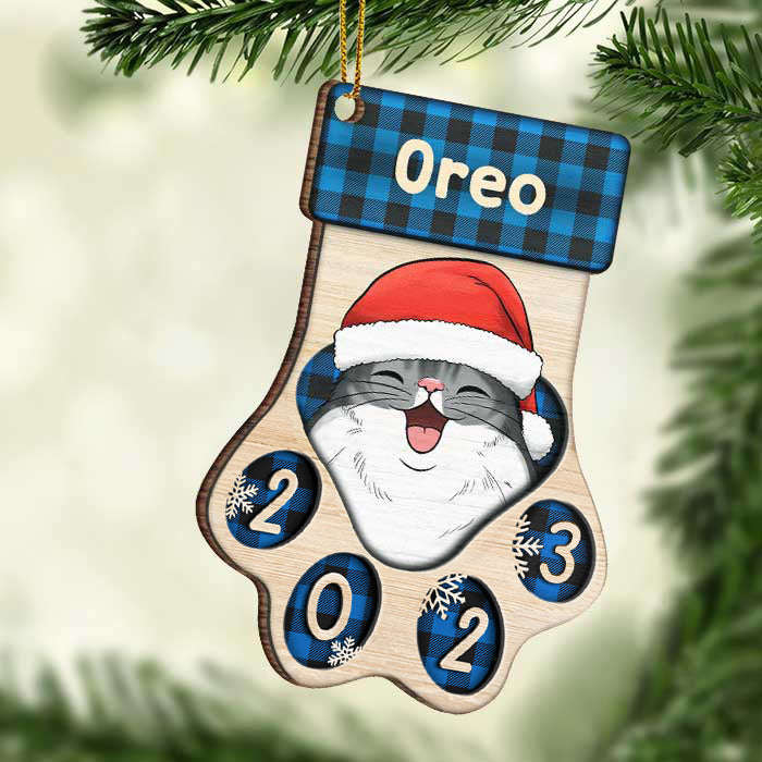 Happy Pawlidays - Christmas Dogs And Smiling Cats - Personalized Custom Paw Shaped Wood Christmas Ornament