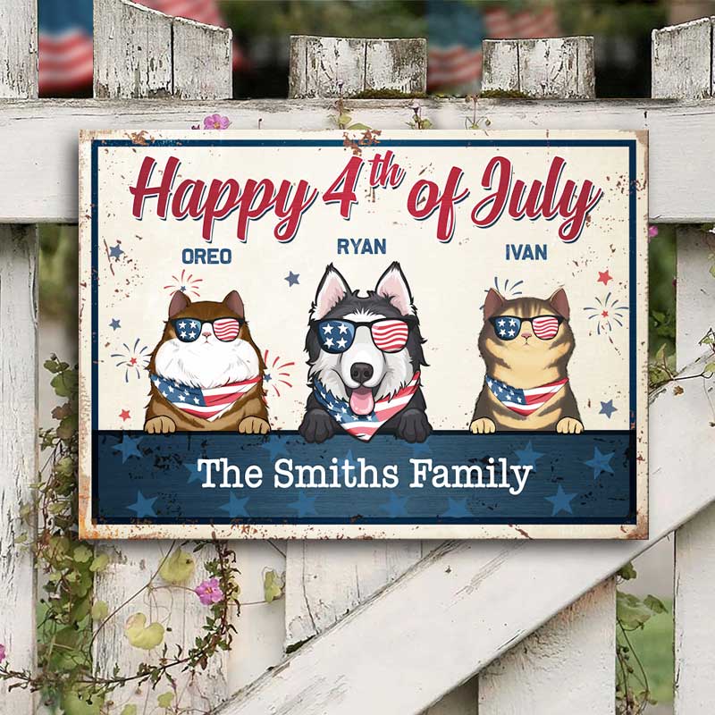 Happy 4th Of July - 4th Of July Funny Personalized Pet Metal Sign (Cat & Dog)