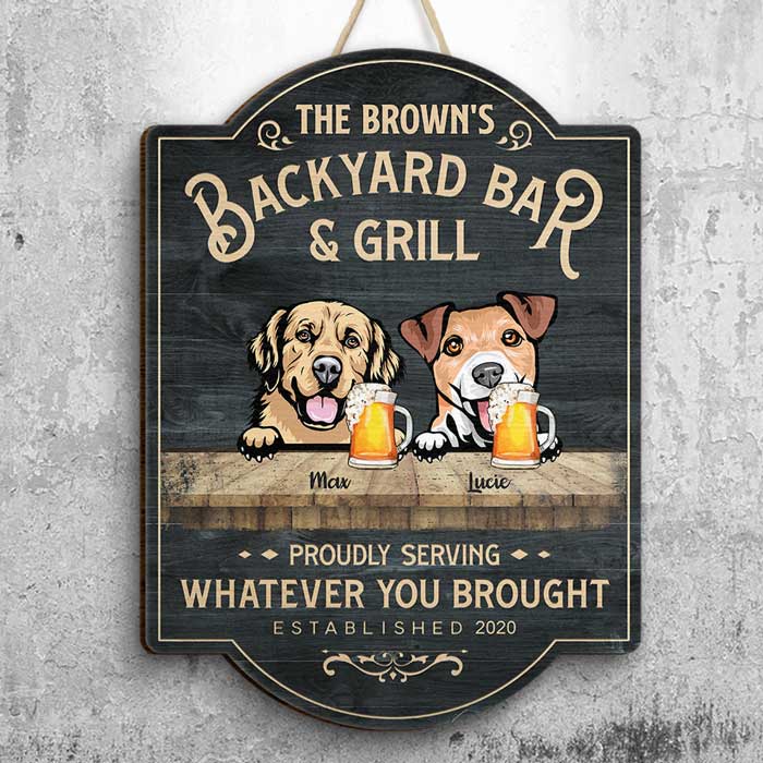 Family Backyard Bar & Grill - Gift For Dog Lovers, Personalized Shaped Door Sign