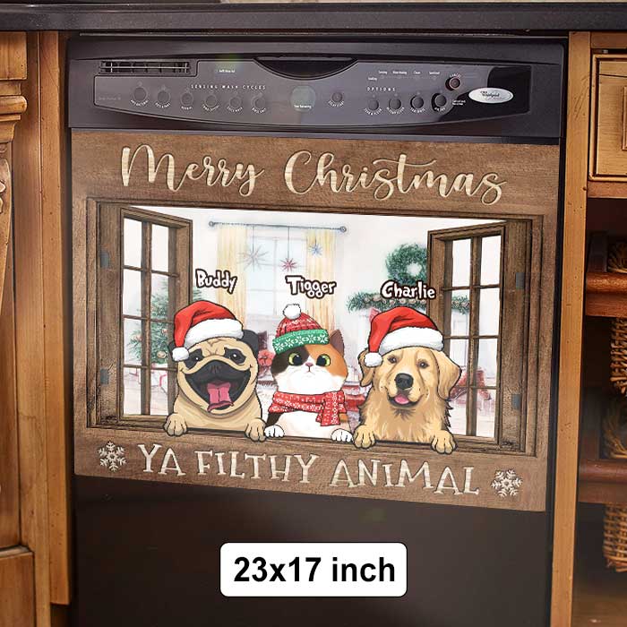 Pets By The Window In The Winter Snow - Personalized Dishwasher Cover