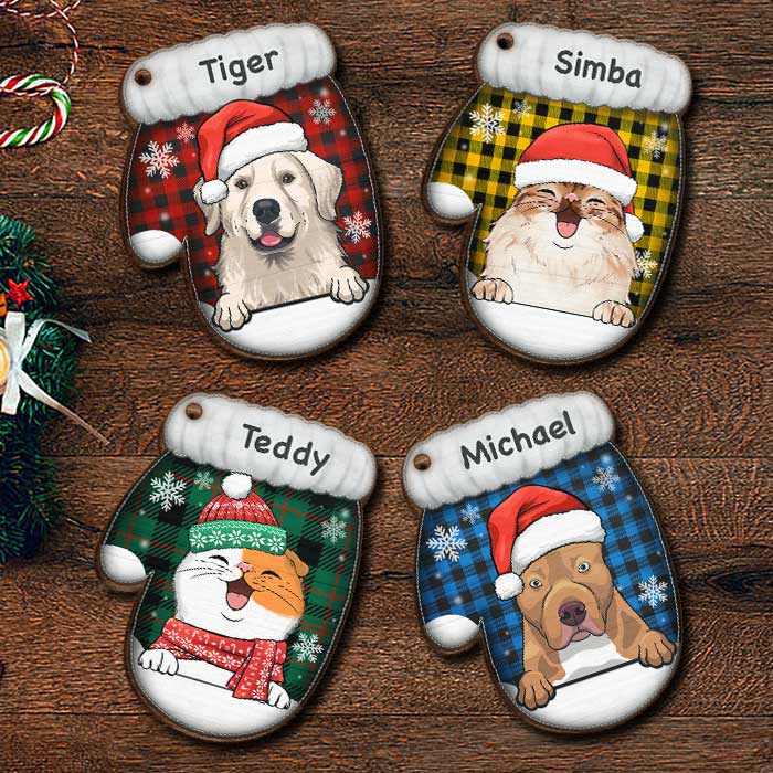 Happy Cats And Dogs On Christmas Day - Personalized Custom Glove Shaped Wood Christmas Ornament
