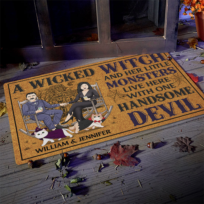 A Wicked Witch & Her Lil Monsters Live Here With A Handsome Devil - Personalized Decorative Mat - Gift For Couple, Husband Wife, Pet Lovers, Halloween Gift