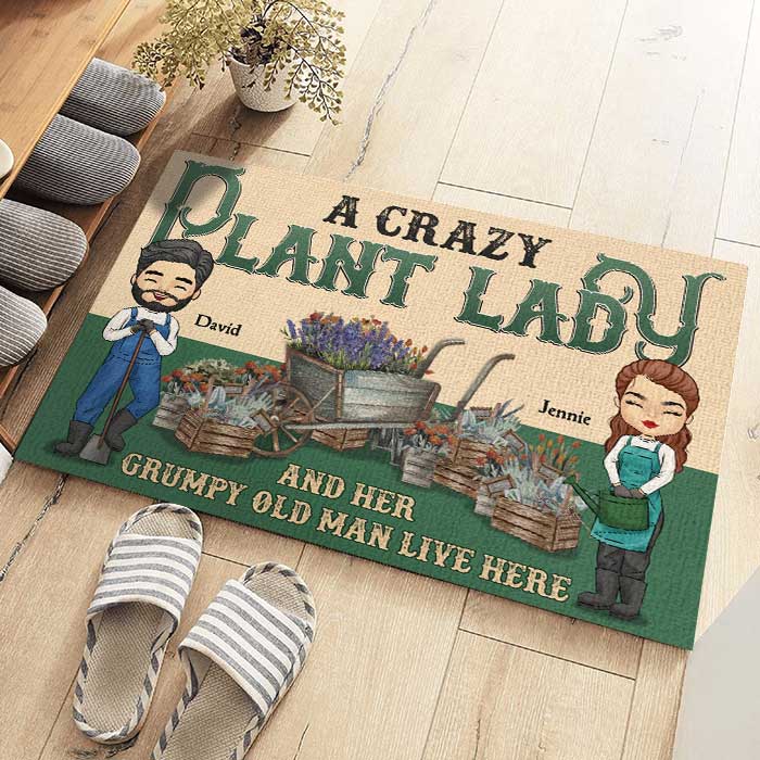 A Crazy Plant Lady And Her Grumpy Old Man Live Here - Gift For Couples, Husband Wife, Personalized Decorative Mat.